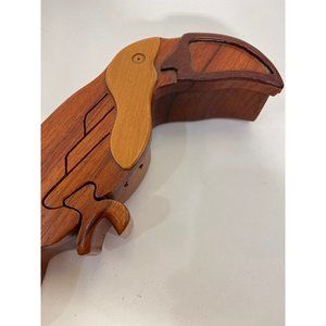 Hand Crafted Intarsia Wood Art Parrot Puzzle Wooden Box /2 Secret Compartments